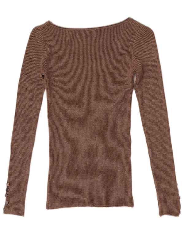 Top feminino Zara manga comprida UK 4 XS algodão marrom