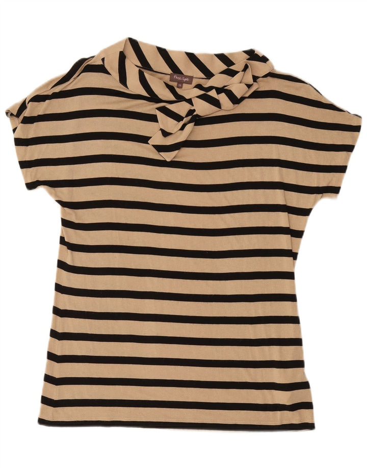 Blusa feminina com gravata borboleta FASE EIGHT Reino Unido 12 Viscose listrada bege médio