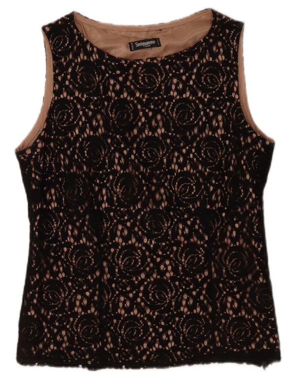 Blusa feminina de renda sem mangas Sinequanone Reino Unido 12 médio preto floral