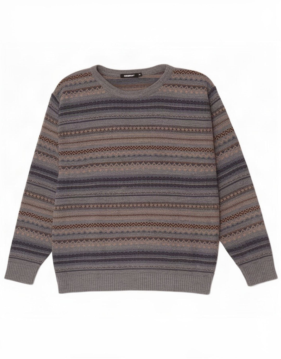 Suéter masculino vintage com pescoço de barco, cinza médio, acrílico Fair Isle