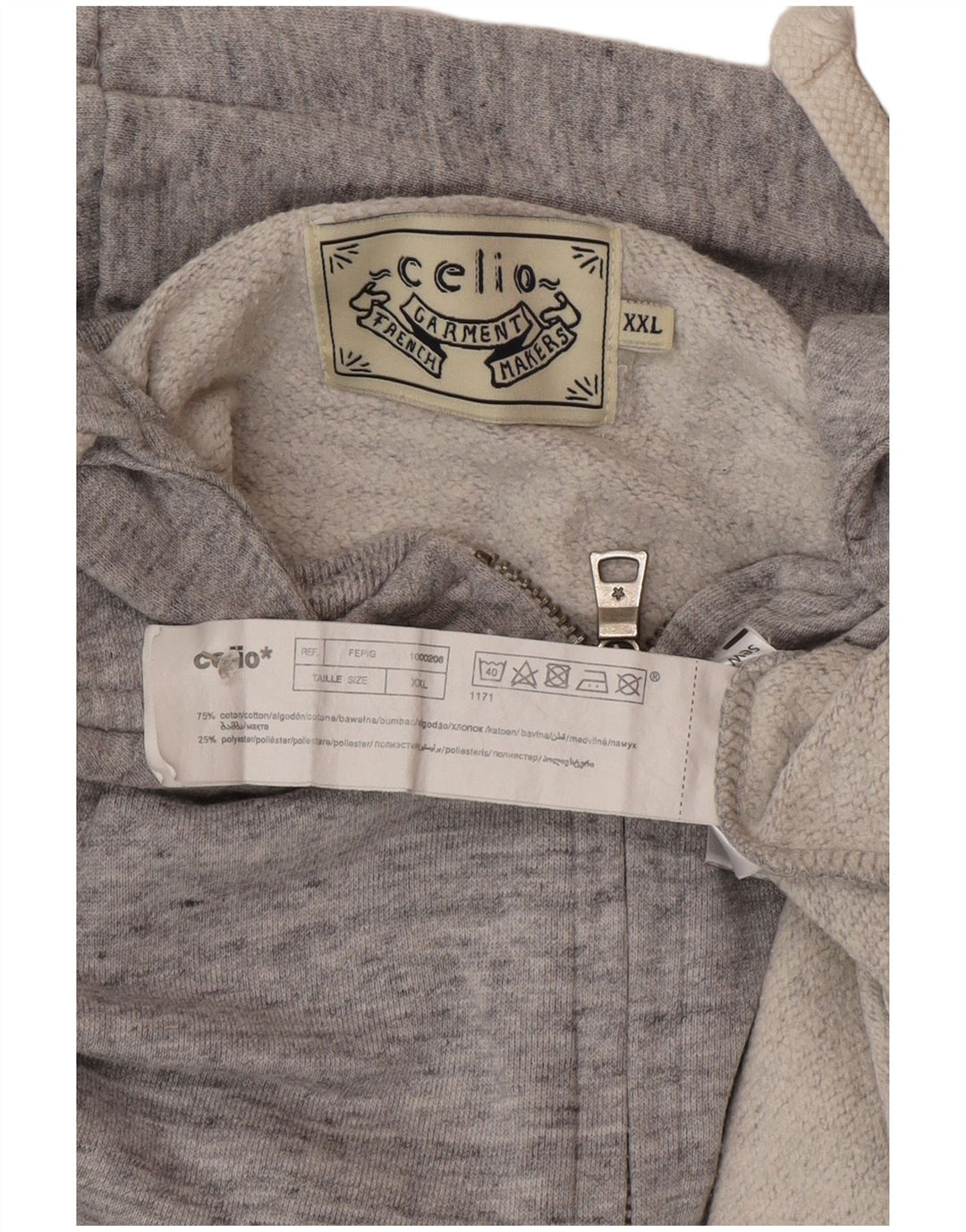 Suéter Celio masculino com capuz e zíper 2XL algodão manchado cinza