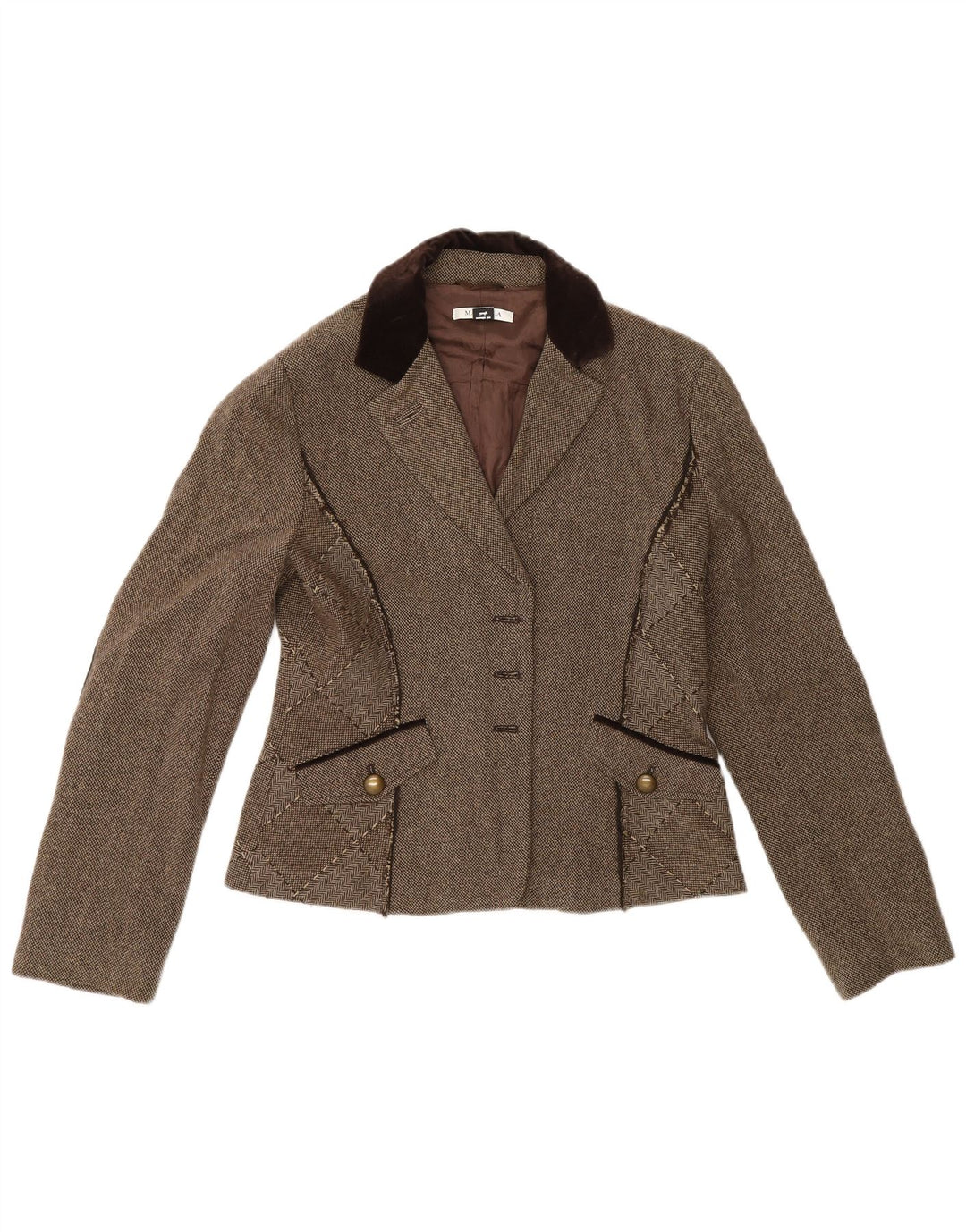 Jaqueta blazer aberta feminina Marella Reino Unido 14 grande cinza colorblock lã