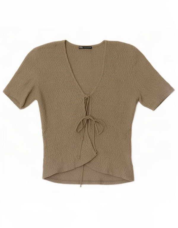Zara Womens Short Sleeve Crop Top UK 8 Small Khaki Poliéster