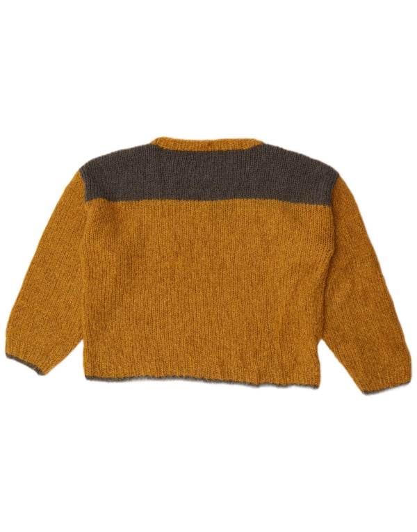Suéter feminino vintage com gola canoa UK 12 bloco colorido amarelo médio