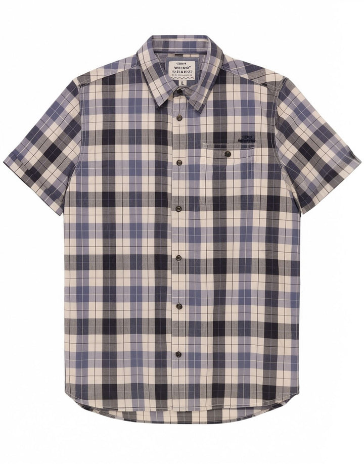 Camisa masculina de manga curta Weird Fish, algodão xadrez azul grande
