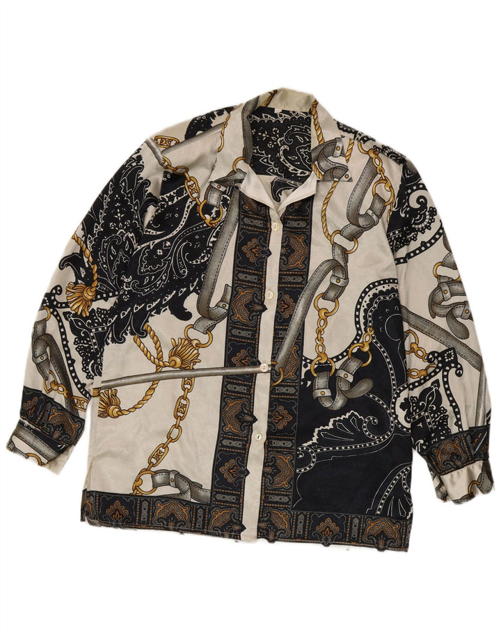 VINTAGE Womens Graphic Shirt Blouse UK 14 Medium White Paisley Polyester