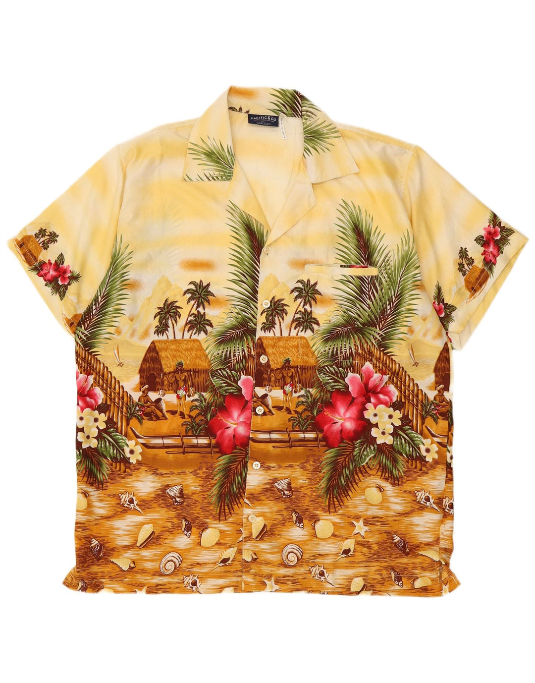 Pacific & Co Camisa havaiana masculina de manga curta grande poliéster floral amarelo