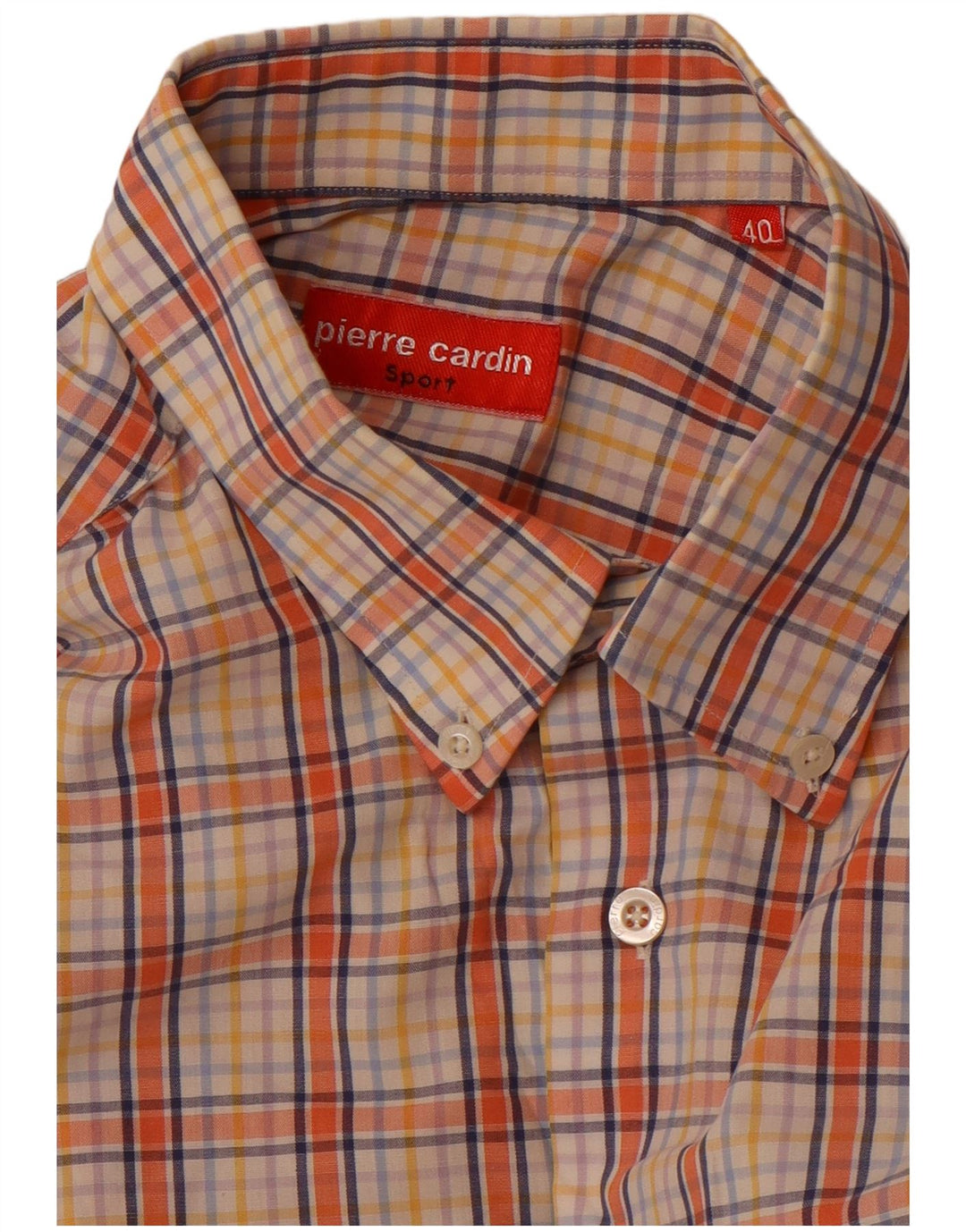 Camisa masculina de manga curta Pierre Cardin tamanho 40 algodão xadrez laranja médio