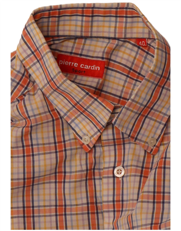 Camisa masculina de manga curta Pierre Cardin tamanho 40 algodão xadrez laranja médio
