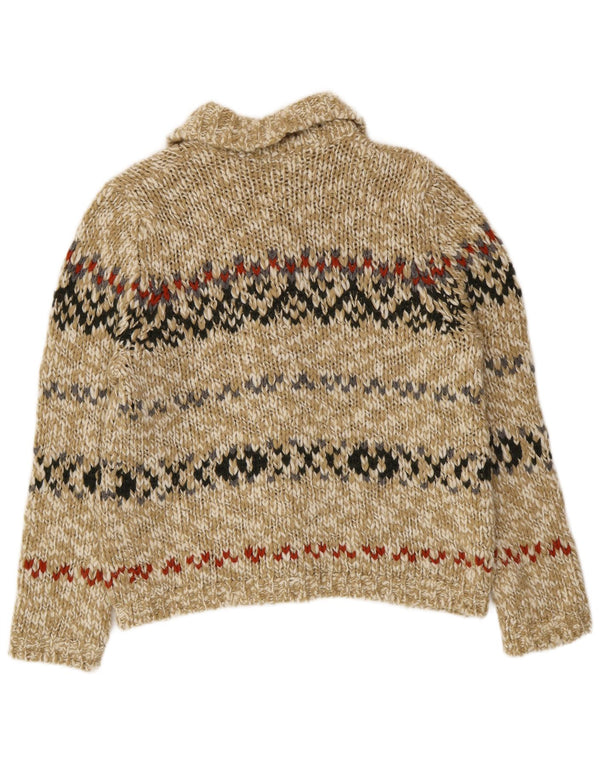 Suéter cardigã feminino Benetton Reino Unido 14 médio verde Fair Isle lã