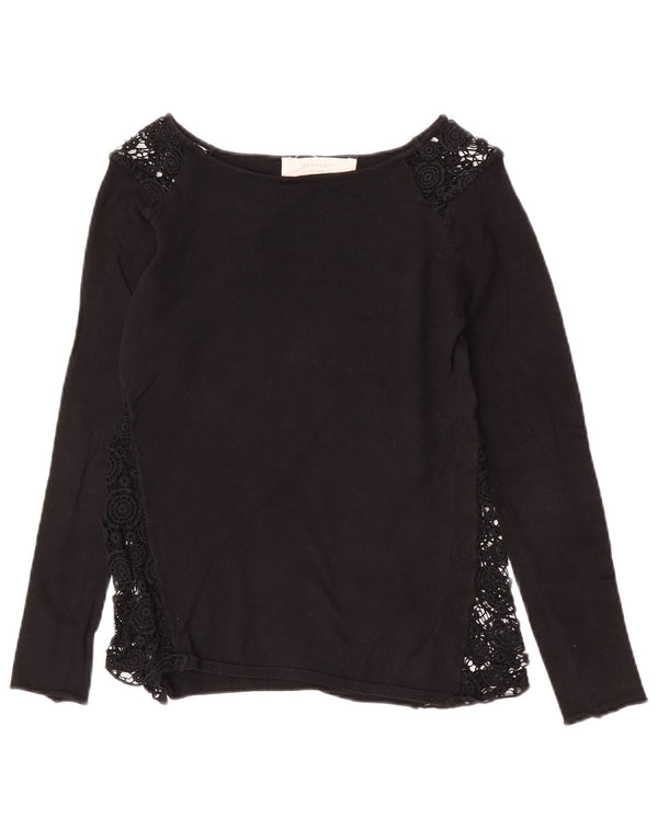 Blusa feminina de manga comprida Zara Top UK 14 grande preto floral