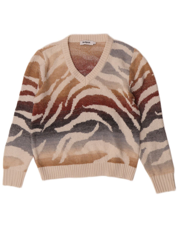 Suéter feminino Desigual com decote em V Reino Unido 6 XS estampa animal multicolorida