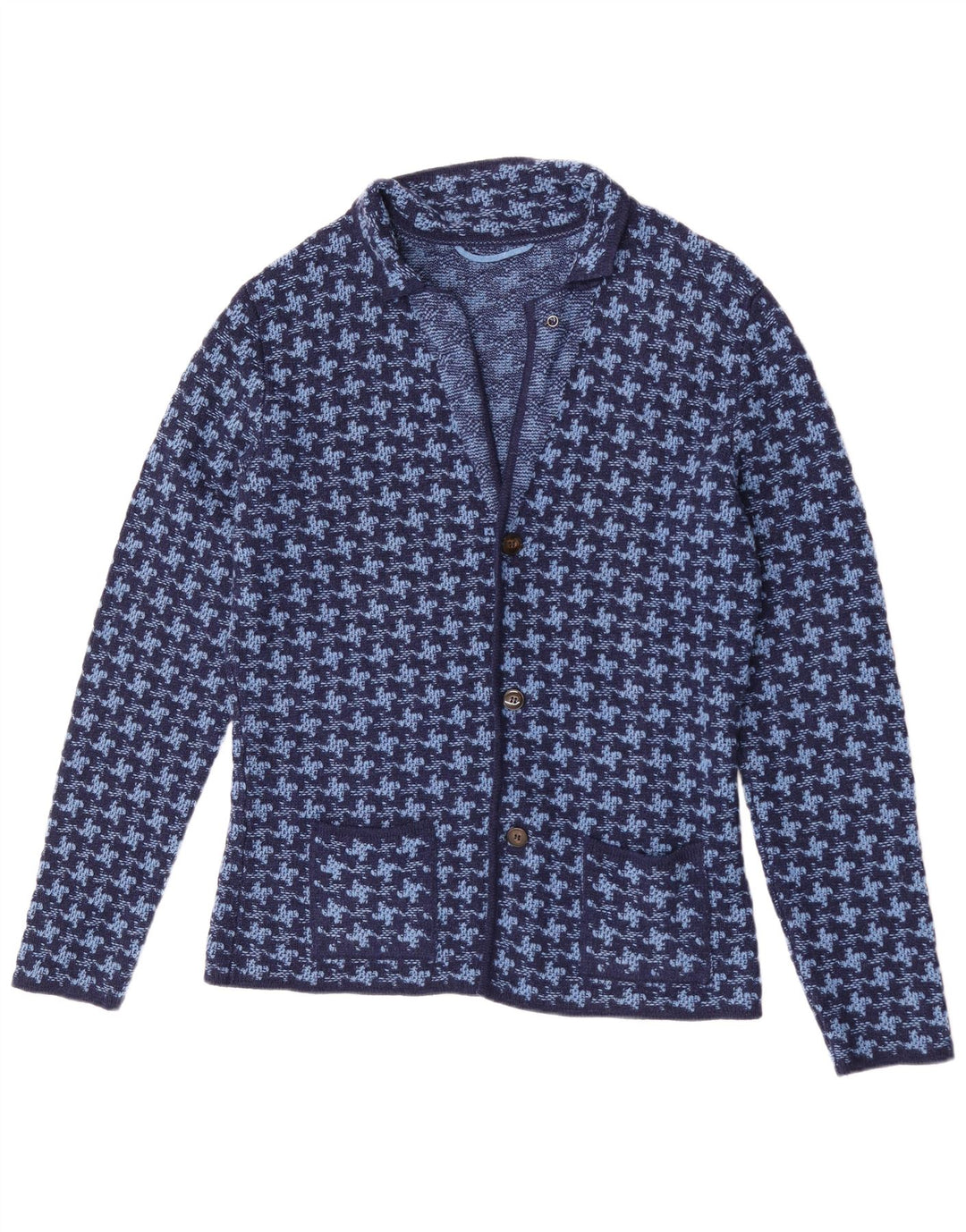 Suéter cardigã masculino vintage IT 50 lã houndstooth azul médio