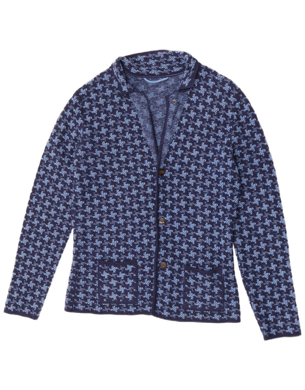 Suéter cardigã masculino vintage IT 50 lã houndstooth azul médio