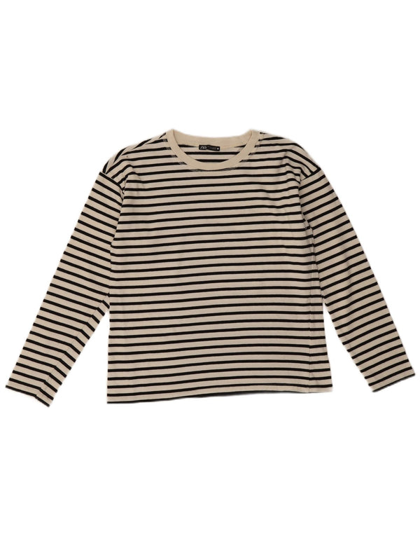 Top feminino Zara manga comprida UK 10 pequeno algodão listrado branco