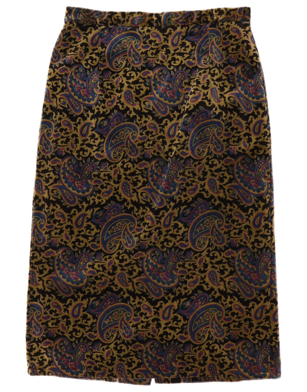 Saia midi de veludo de cintura alta feminina vintage W24 XS Paisley multicolorido