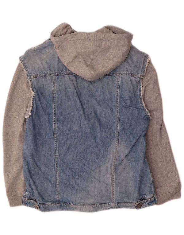 Jaqueta jeans feminina com capuz Zara Reino Unido 14 bloco colorido azul médio