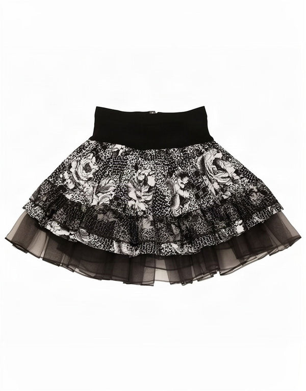 Saia tutu feminina vintage pequena W26 viscose floral preta