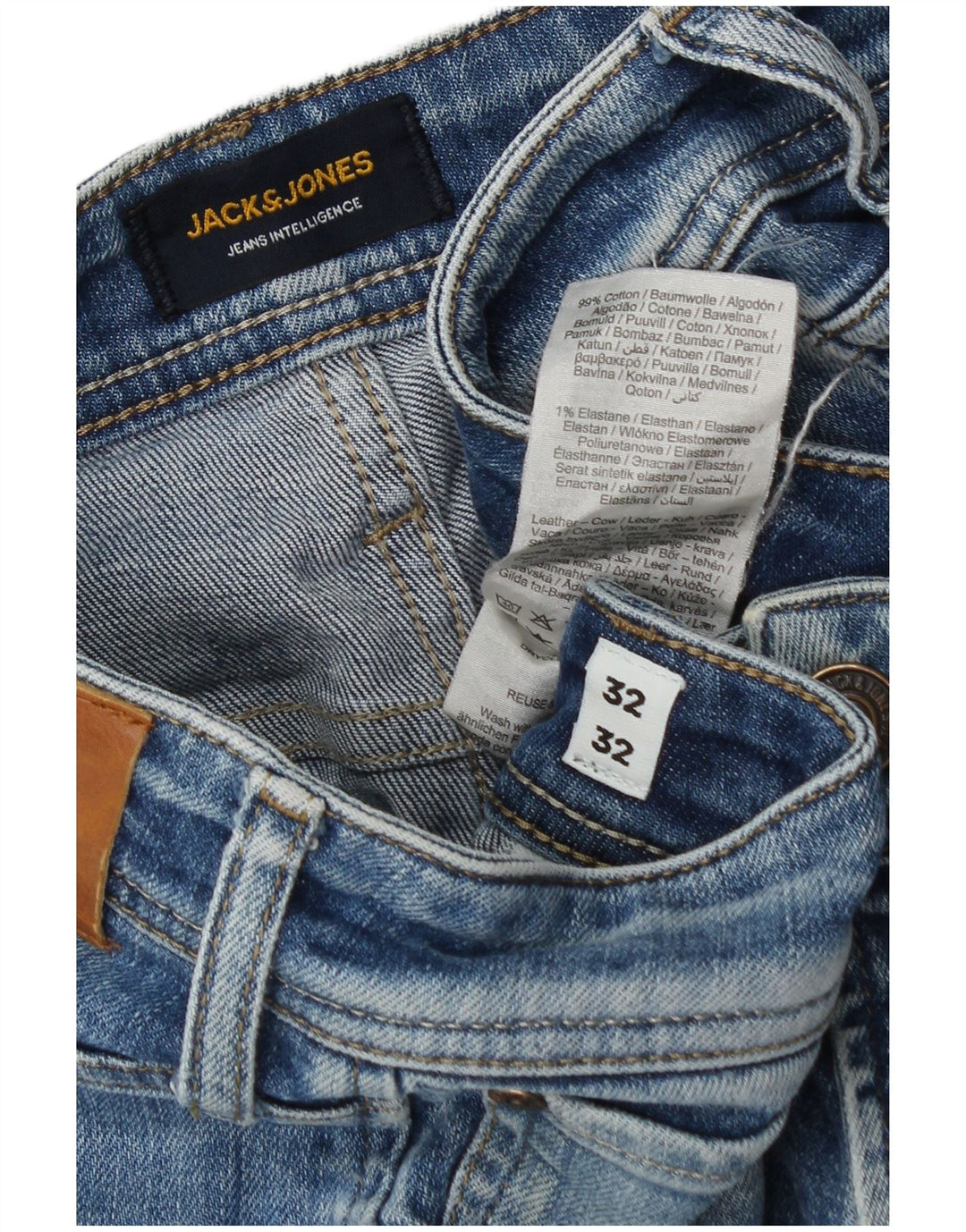Jack & Jones Calça jeans reta masculina desgastada W32 L32 algodão azul