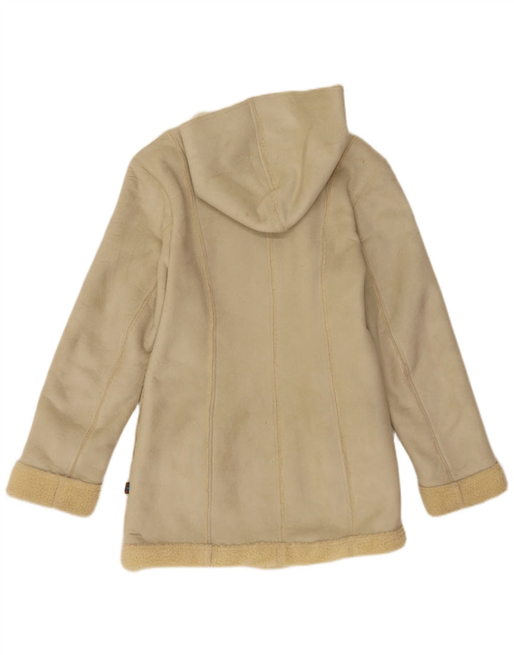 Jaqueta Sherpa com capuz feminina vintage Reino Unido 14 poliéster bege grande