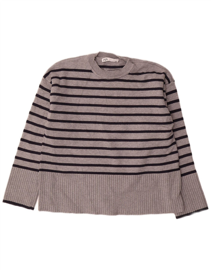 Suéter feminino Zara com gola redonda grande e listrado cinza pequeno Reino Unido 10