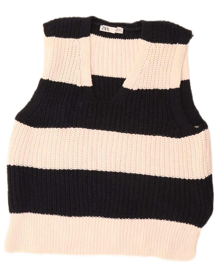 Regata feminina Zara UK 14 poliéster listrado branco médio