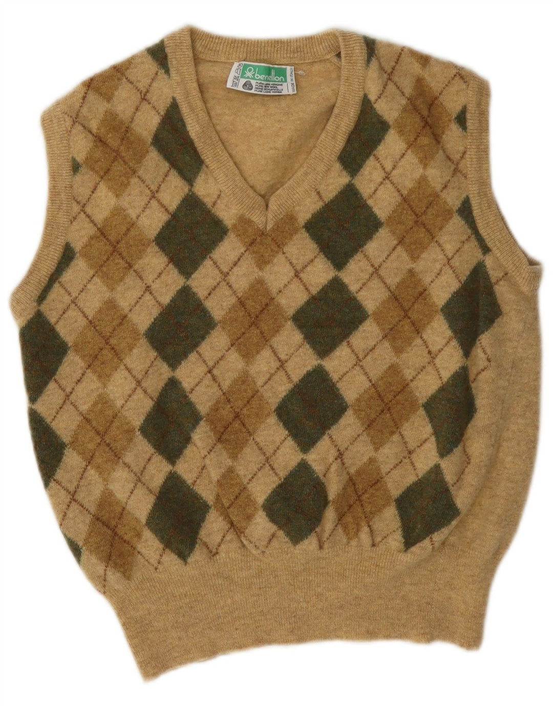Regata feminina Benetton Crop Vest UK 14 Médio Bege Argyle/Lã Diamante