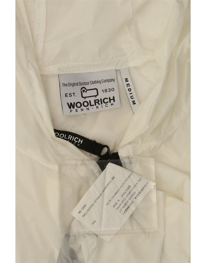 Jaqueta de chuva feminina Woolrich com capuz Reino Unido 14 nylon branco médio