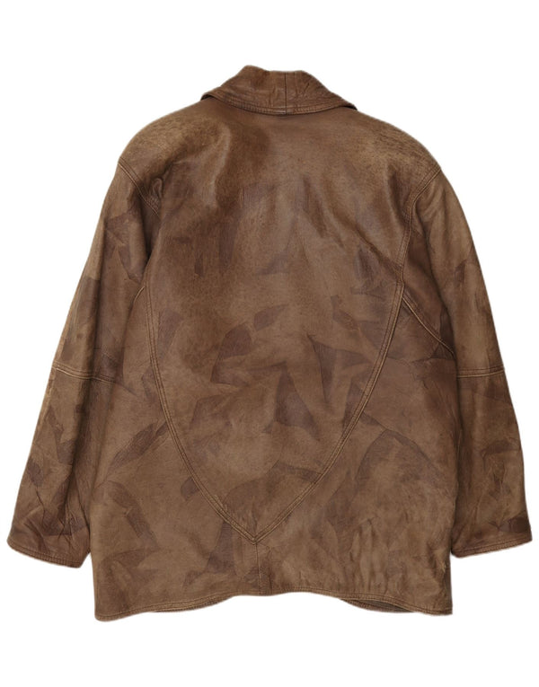 Jaqueta de couro vintage feminina com peito duplo UE 42 grandes retalhos marrons
