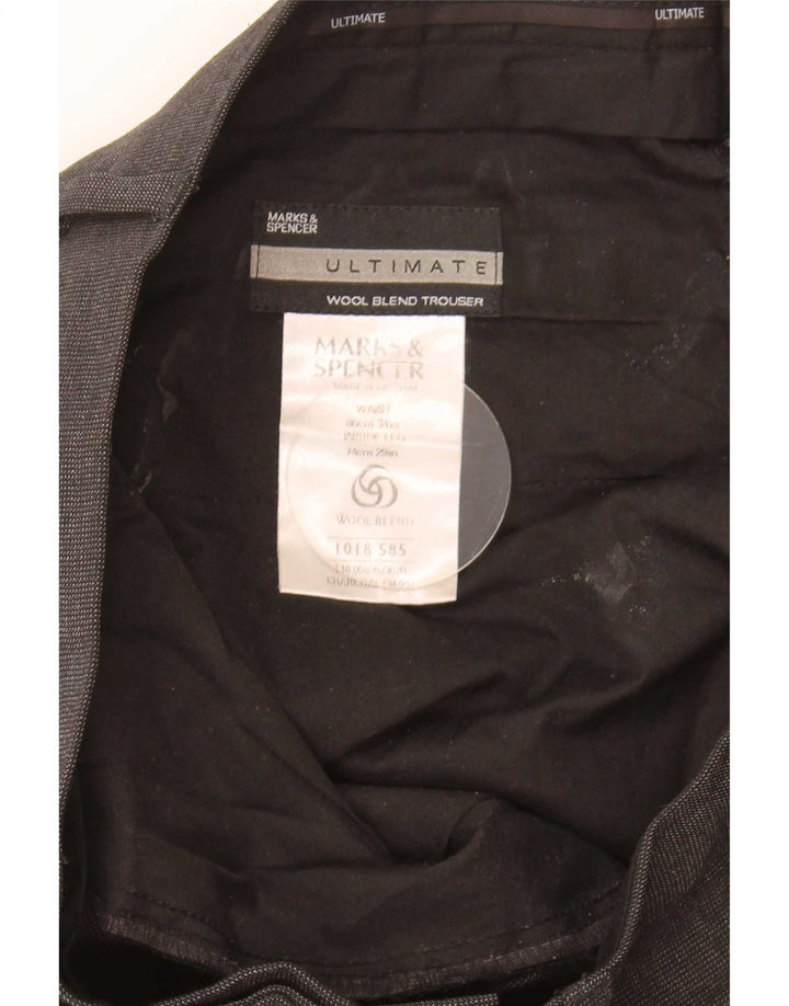 Calça masculina de terno reto Marks & Spencer W34 L29 poliéster cinza