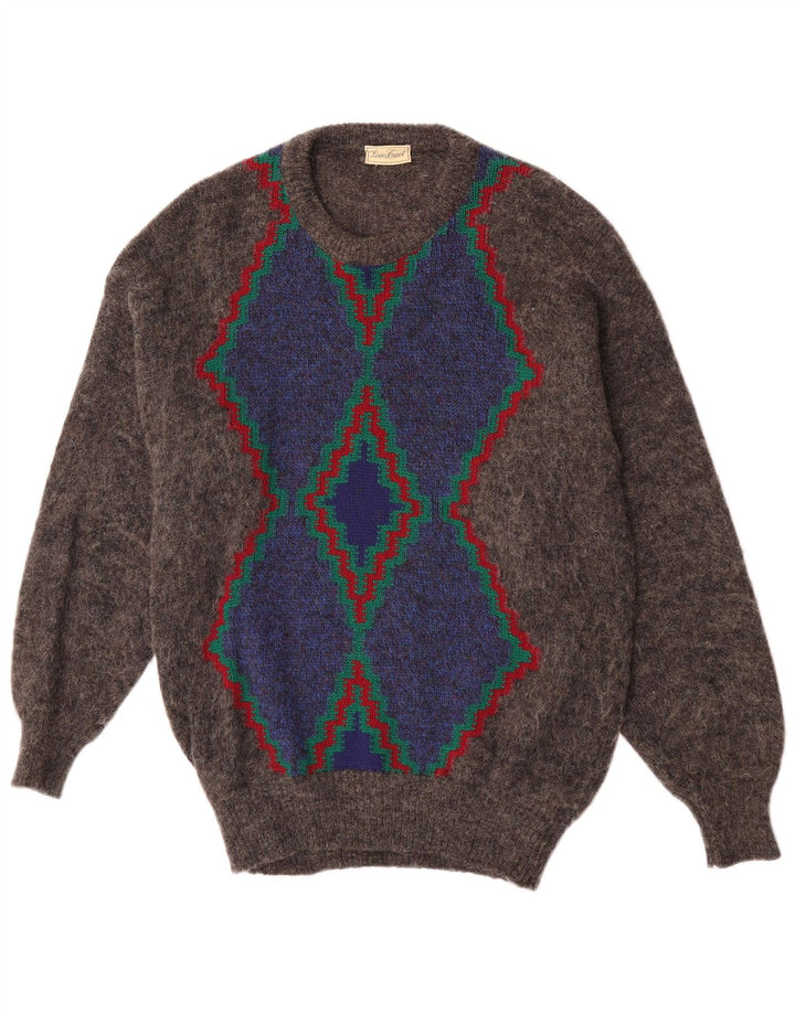 Suéter vintage masculino com gola redonda cinza médio Argyle/Diamante