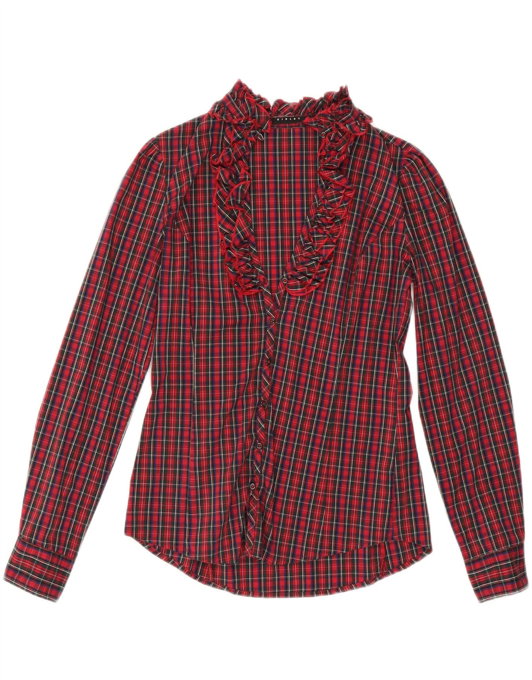 Blusa feminina SISLEY com babados na frente Reino Unido 10 pequeno algodão xadrez vermelho