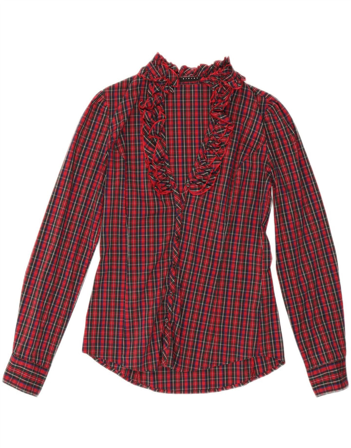 Blusa feminina SISLEY com babados na frente Reino Unido 10 pequeno algodão xadrez vermelho