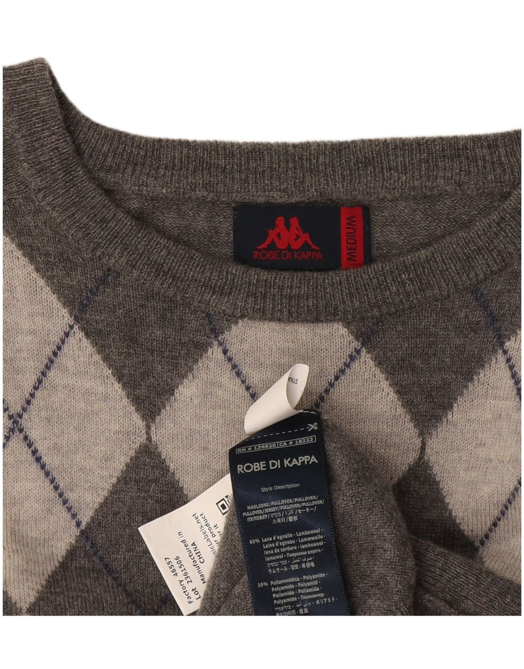 Suéter masculino Kappa com gola canoa cinza médio Argyle/lã diamante