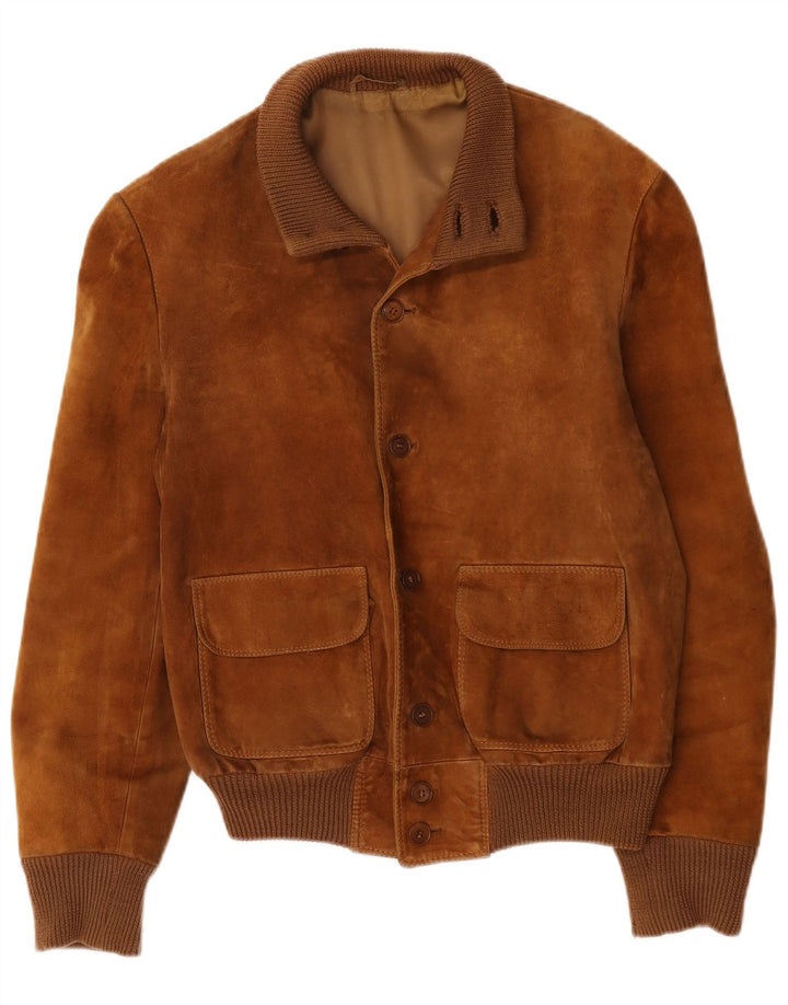 Jaqueta bomber masculina vintage de camurça Reino Unido 38 couro marrom médio