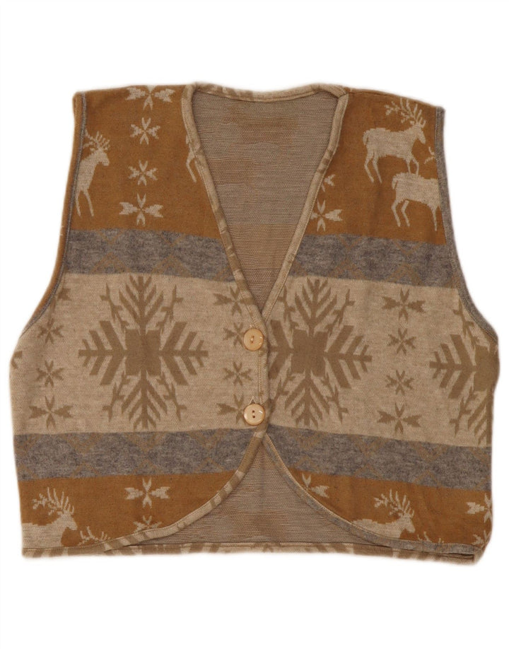 Suéter cardigã feminino VINTAGE UK 14 médio bege Fair Isle