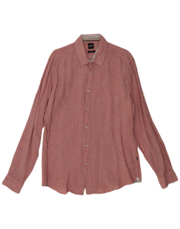 Camisa masculina de ajuste regular HUGO BOSS grande linho manchado rosa