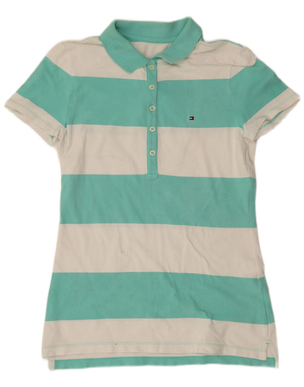 Camisa polo feminina Tommy Hilfiger Reino Unido 10 algodão listrado verde pequeno