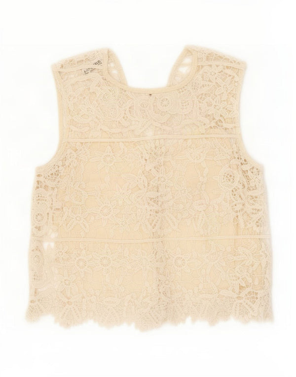 Blusa feminina de renda sem mangas Zara UK 4 XS bege floral algodão