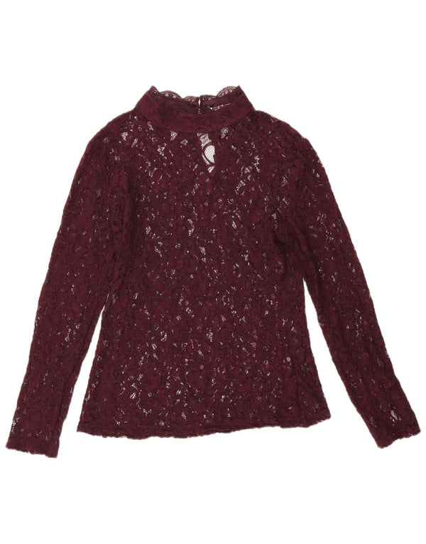 Blusa feminina de renda de manga comprida Oasis Reino Unido 12 médio Borgonha floral