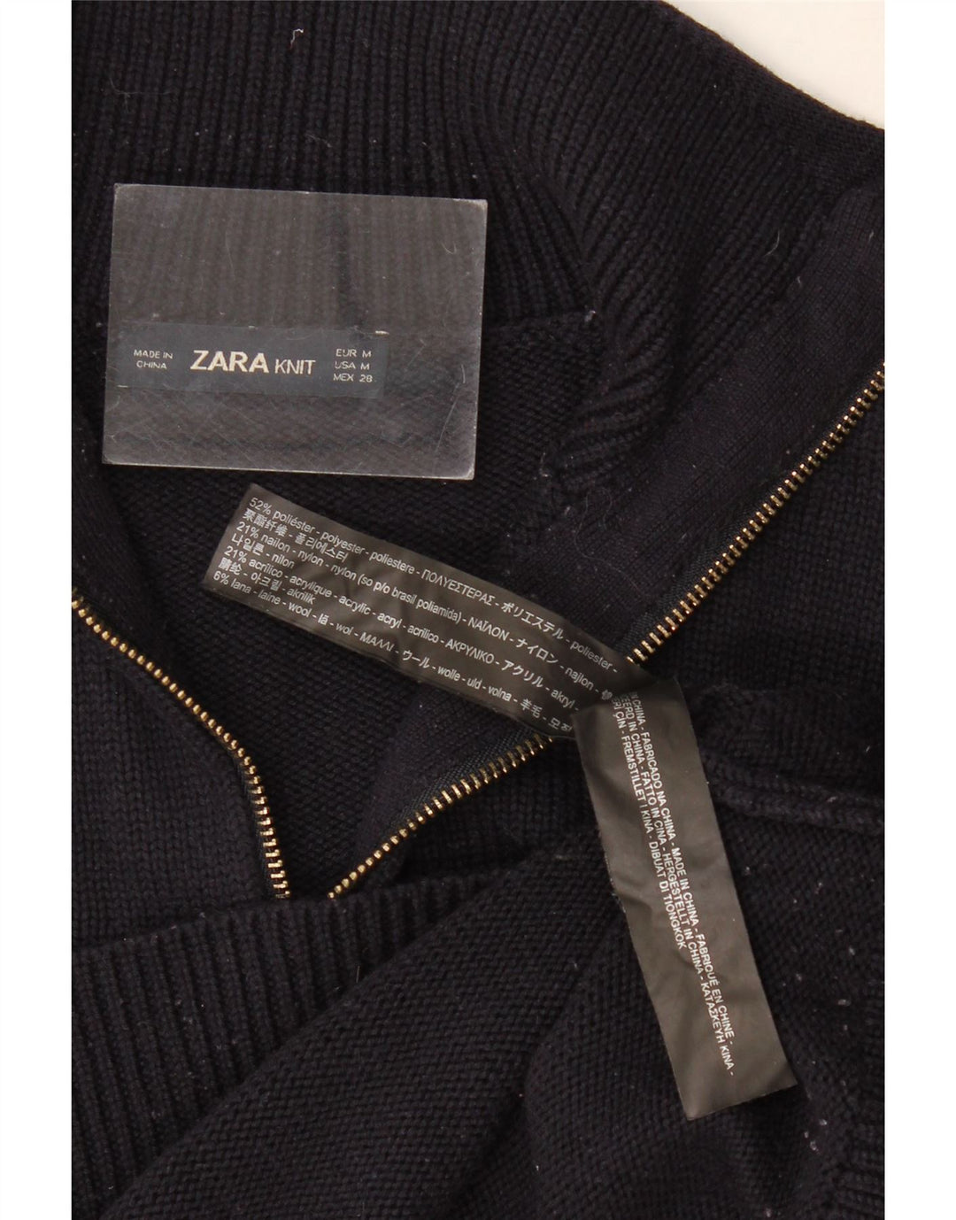 Suéter feminino Zara com zíper e gola em poliéster UK 12 médio preto poliéster
