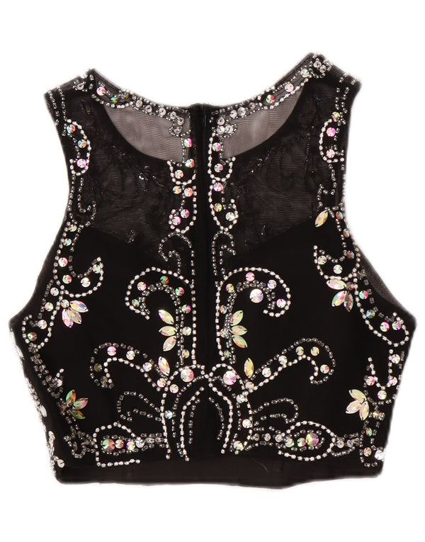 Blusa feminina vintage sem mangas top UK 8 pequeno preto Paisley