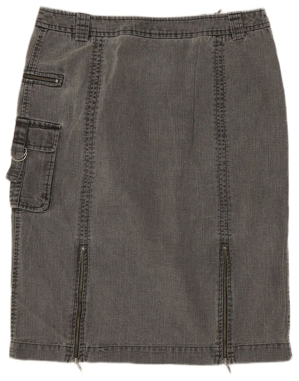 Saia jeans feminina Laura Ashley Cargo UK 10 pequena W28 algodão cinza