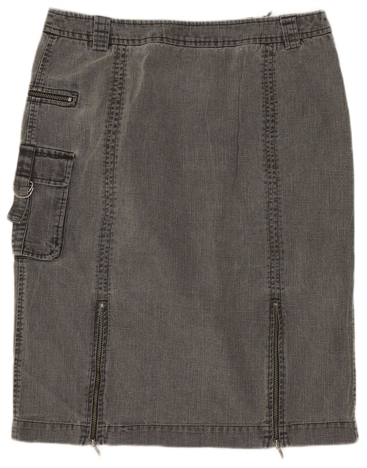 Saia jeans feminina Laura Ashley Cargo UK 10 pequena W28 algodão cinza