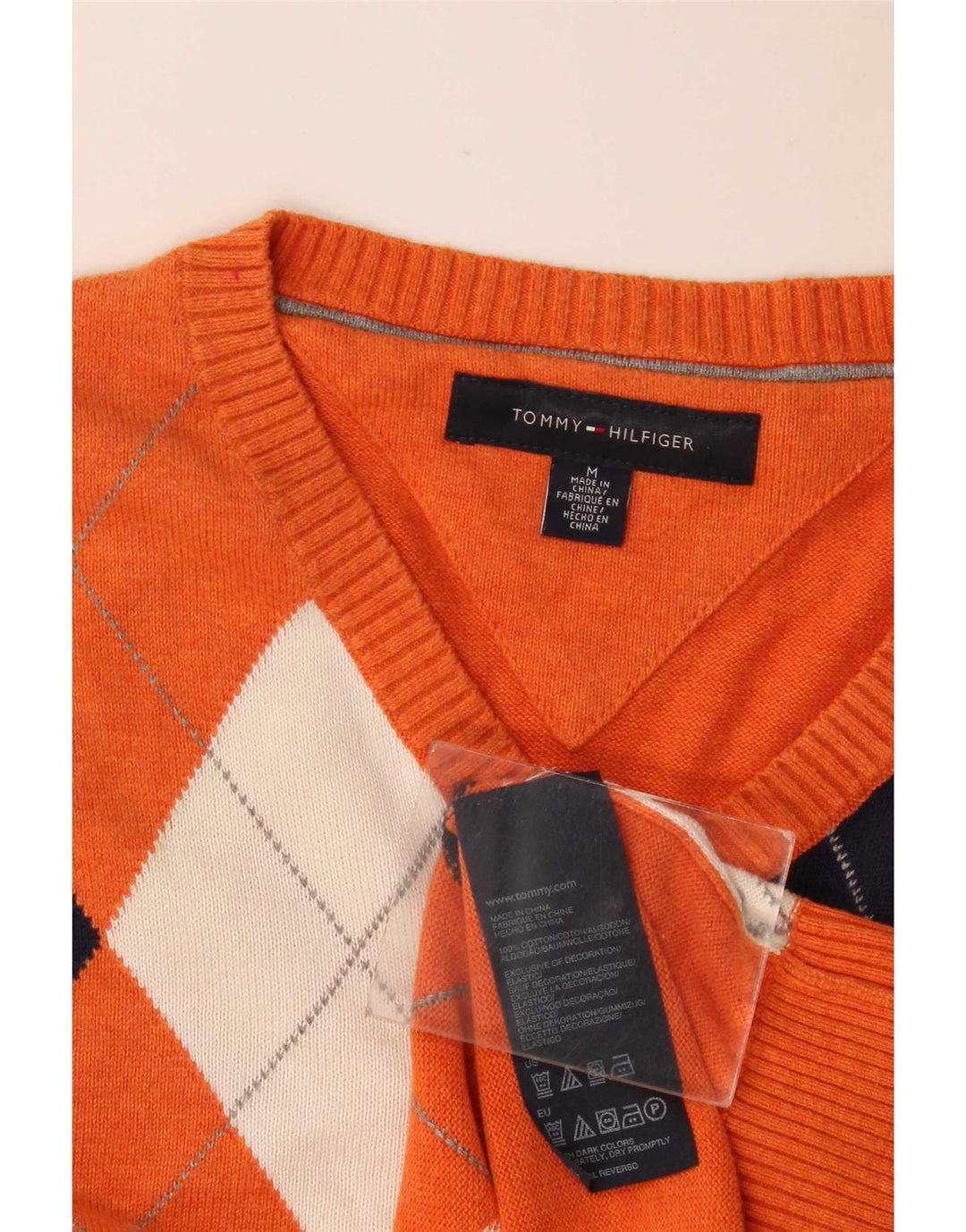 Suéter masculino Tommy Hilfiger com decote em V médio laranja argyle/diamante