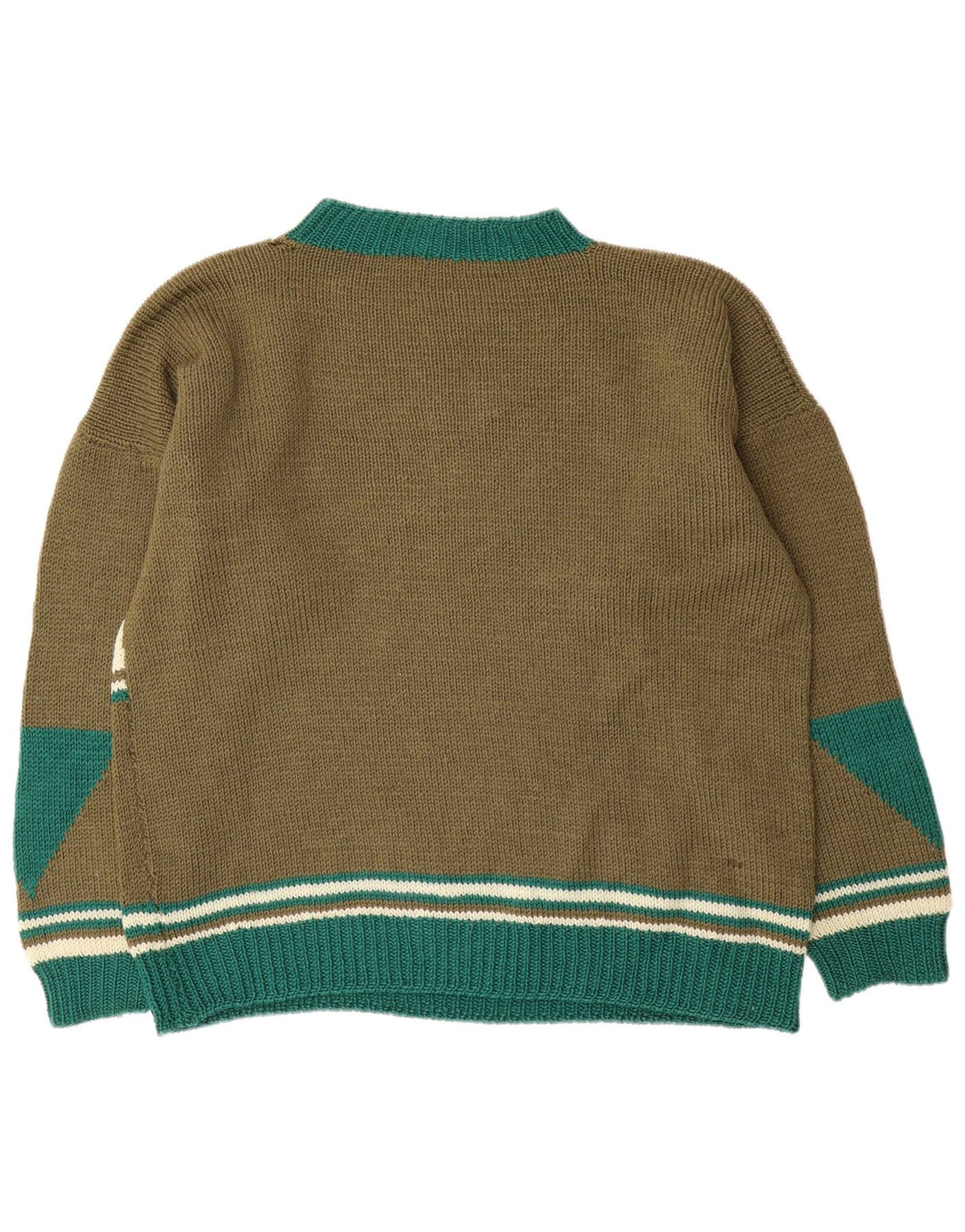 Suéter vintage masculino com gola redonda XL cáqui geométrico