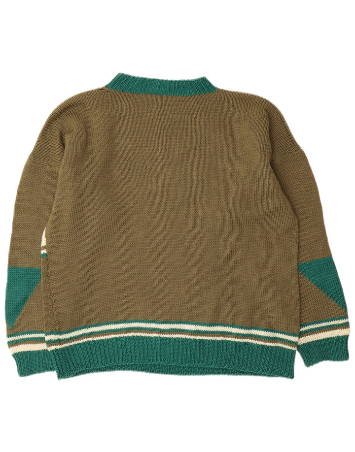 Suéter vintage masculino com gola redonda XL cáqui geométrico