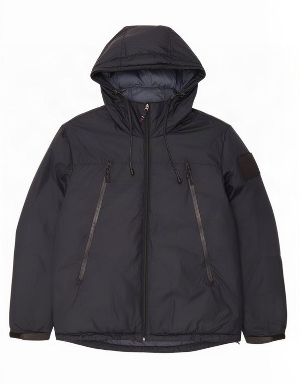 Jaqueta acolchoada com capuz masculina vintage UK 42 XL poliéster preto