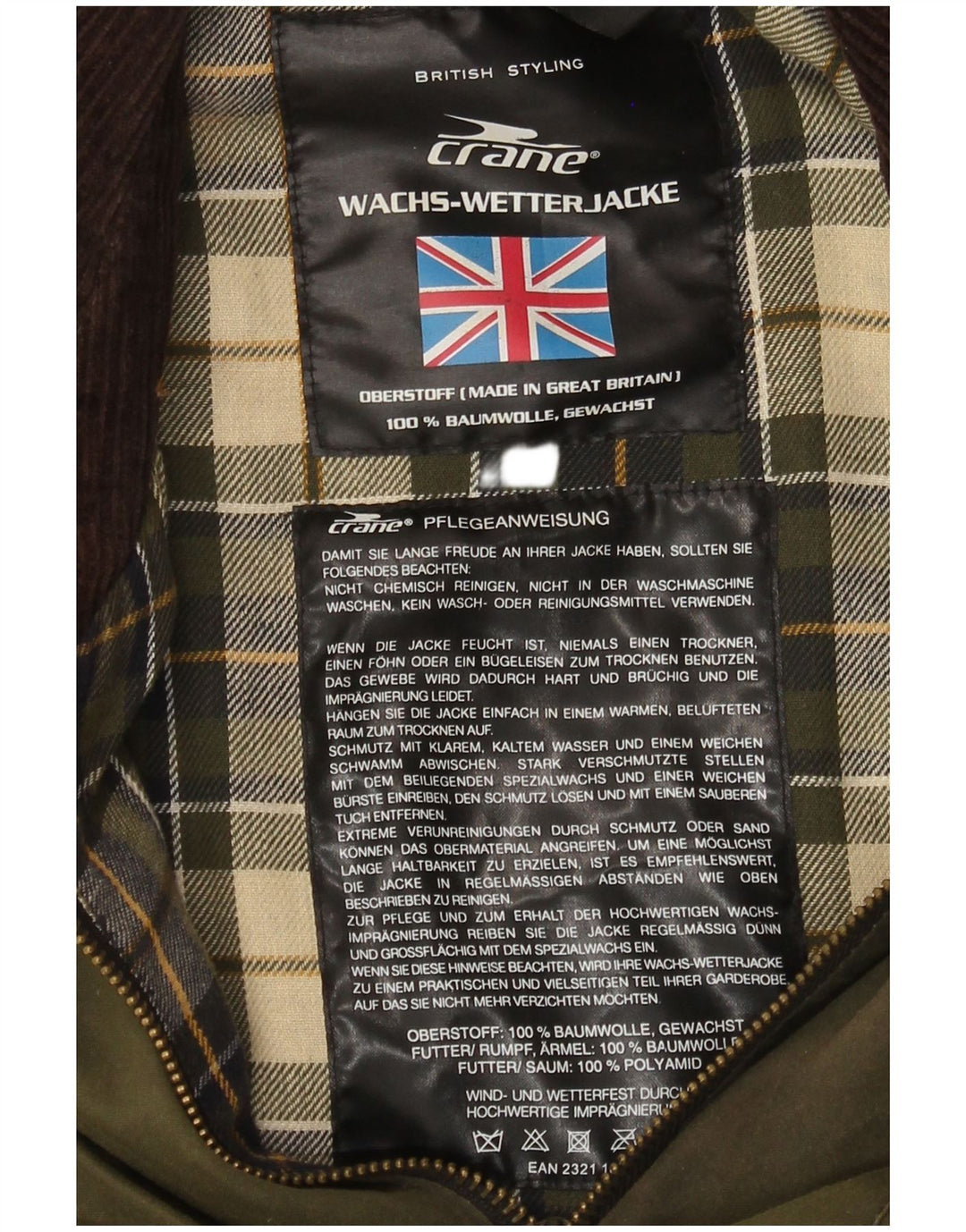Jaqueta masculina de algodão encerado Crane UK 38 algodão verde médio