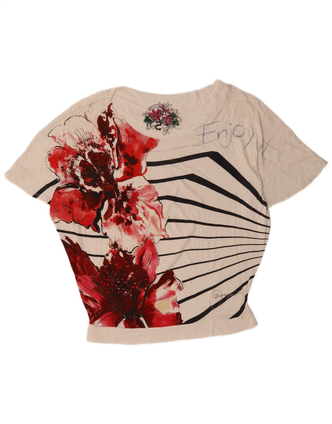 Camiseta feminina DESIGUAL com estampa gráfica UK 16 grande algodão floral branco